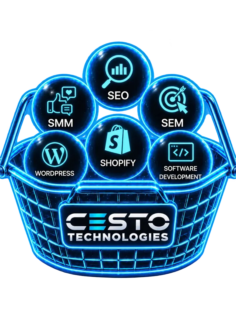 A glowing neon basket holding six circular icons for SEO, SMM, SEM, WordPress, Shopify, and Software Development, with the Cesto Technologies logo on the front