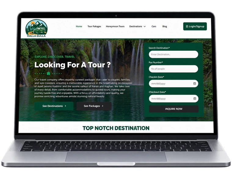 Halla Gulla travel website homepage shown on a laptop, reading 'Looking For A Tour?' with a destination search panel