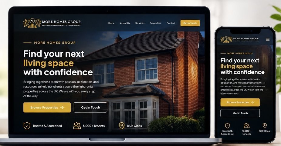 The rebuilt More Homes Group site on a laptop and a phone