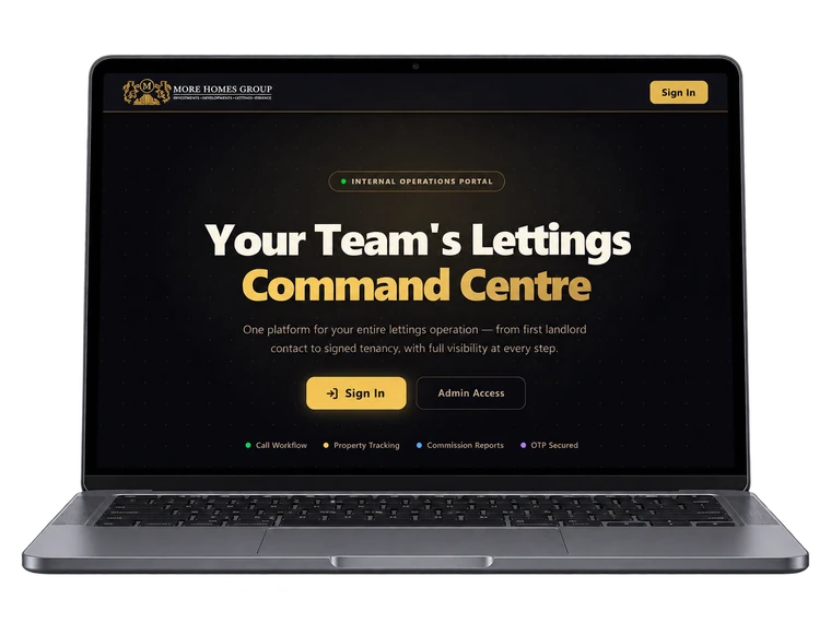 MHG Portal sign-in screen shown on a laptop, reading Your Team's Lettings Command Centre