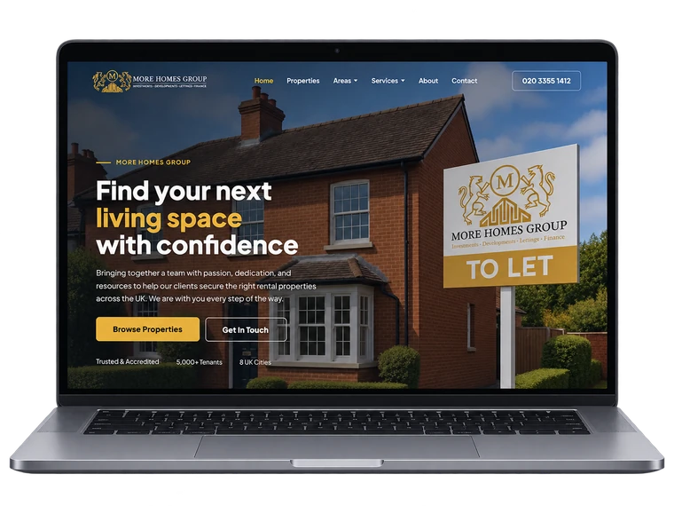More Homes Group property lettings website homepage shown on a laptop, reading 'Find your next living space with confidence'
