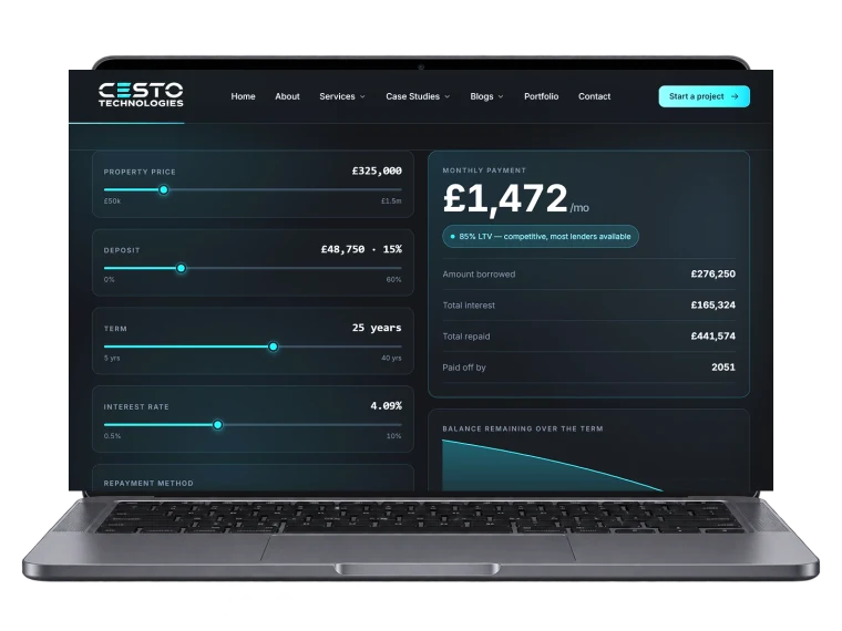 The mortgage calculator shown on a laptop — sliders for property price, deposit, term and interest rate beside a £1,472 monthly payment and a balance chart