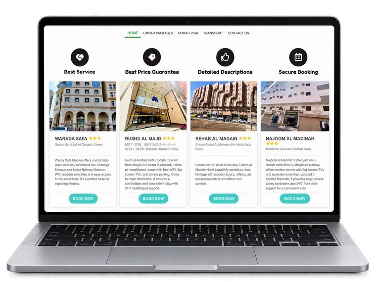 United Muslim Travels website homepage shown on a laptop, listing Hajj and Umrah hotel options near Masjid Al Haram and Masjid an-Nabawi